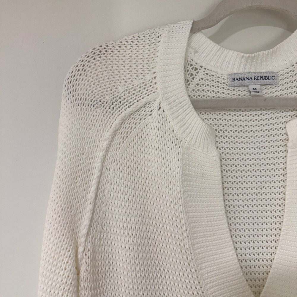 Banana Republic Open Knit Sweater‎ Womens Size M White Split Neck | Coastal - Picture 2 of 7